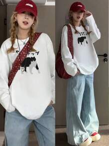 Women's New Japanese Text Print Pattern Casual Loose Fitting Long Sleeve T-Shirt Top, Suitable For Autumn/Winter - White - View 5