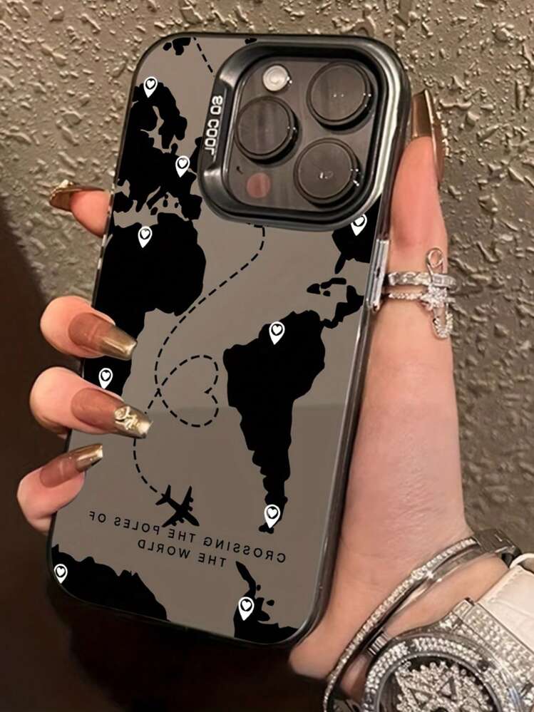 Travel Phone Case 1pc IMD Printing Black Travel Map Phone Case Compatible With Iphone 16PROMAX, 11, 12, 13PROMAX, 14PROMAX, 15 Waterproof Shockproof Anti-Fall Scratch Resistant - Black - View 5