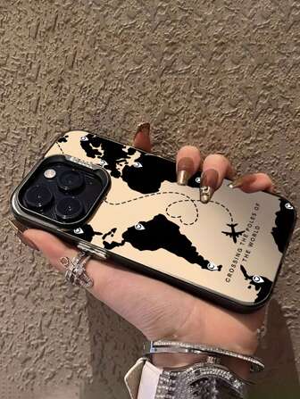 Travel Phone Case 1pc IMD Printing Black Travel Map Phone Case Compatible With Iphone 16PROMAX, 11, 12, 13PROMAX, 14PROMAX, 15 Waterproof Shockproof Anti-Fall Scratch Resistant