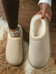 Women Faux Suede Fleece Slippers, Thick Platform Closed Toe Slip On, Winter Fashion Outdoor Snow Shoes, Indoor/Outdoor Anti-Slip TPR Sole