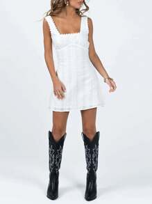 Womens Summer Tank Dress Sleeveless Square Neck Lace Trim Solid Color A-Line Dress Short Mini Dress - 白色 - 查看 2