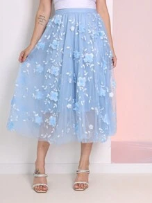 Evangelical Tulle Skirt With Embroidered Flowers Long Elegant And Elastic With Embroidered Flowers /Evangelical Skirts/Midi Skirt/Tulle Skirt/Long Skirt - 淺藍色 - 查看 2