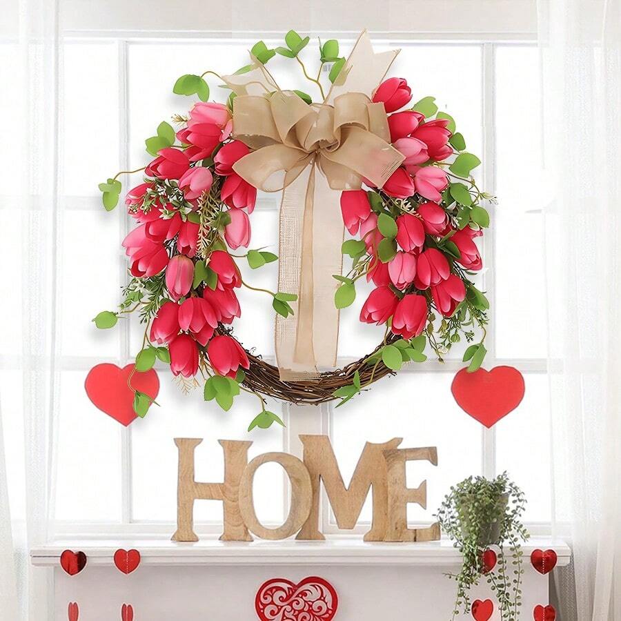 17.7Inch Valentines Day Wreaths For Front Door Valentine's Day Wreath Artificial Valentines Day Door Wreath Of Tulips For Valentine's Day Anniversary Decoration - 紅色 - 查看 1
