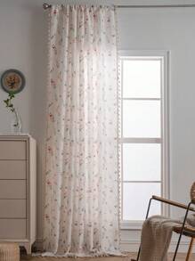 1 Peça Cortina com Borlas Estampada com Florais Miúdos Frescos e Borboletas, Tecido Tecido de Bambu 3D, Serve para Janela Curta de Cozinha, Lavável, Divisor de Ambiente Estilo Fazenda, Adequado para Quarto, Escritório, Sala de Estar, Varanda, Quarto de Crianças, Adequado para Festa, Casamento, Decoração de Festival, Decoração de Primavera