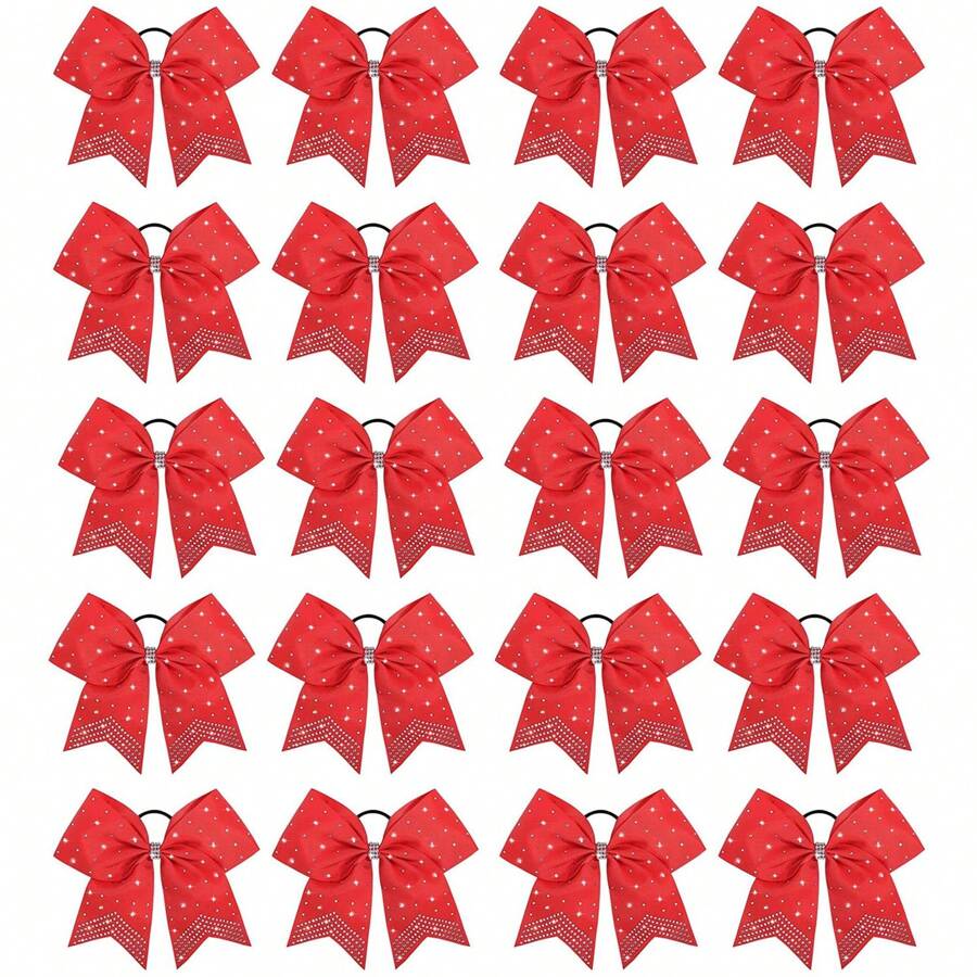 20 PCS Rhinestones Two Toned Large Cheer Hair Bows 7" Glitter Cheer Ponytail Holder Handmade For Teen Girls Softball Cheerleader Sports -Orange/Black - 紅色 - 查看 1