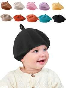 Autumn/Winter Baby & Kids Warm Knit Beret Hat, Solid Color Artistic Painter Beret With Floral Decor, Suitable For Holiday, Gathering, Party, Travel, Daily Wear, Gift-Giving