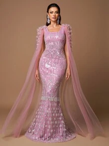 SUPGIR Women's Square Neck Decorated With 3D Floral Embroidery & Long Tassel Sleeve Formal Evening Gown