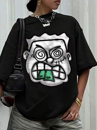 女士休闲卡通印花落肩宽松 T 恤，夏季，卡通图案 T 恤图案 T 恤女上衣