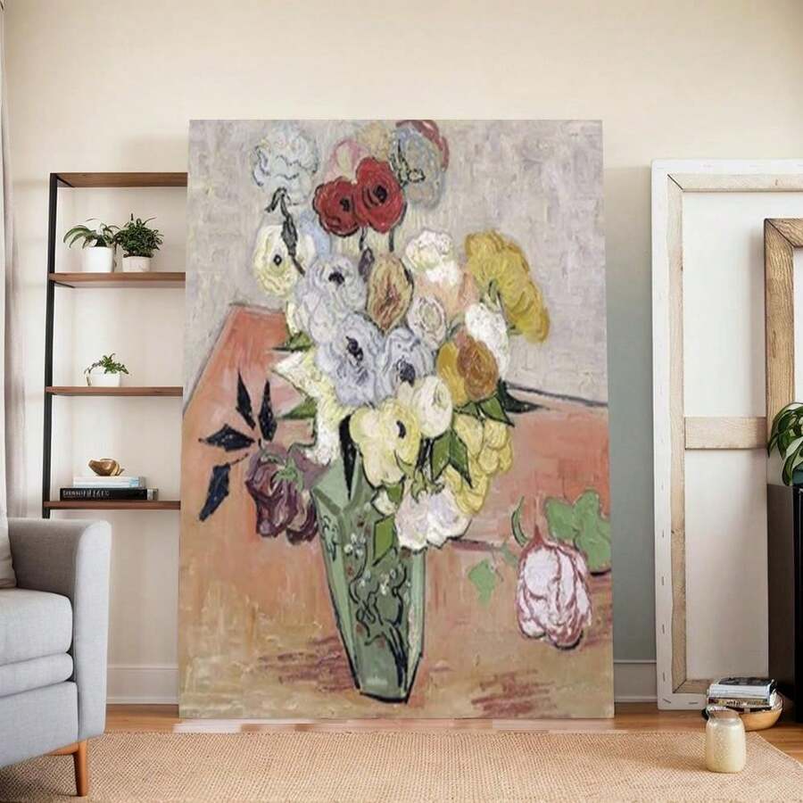 Art   Wall Art Japanese Vase With Roses And Anemones By Vincent Van Gogh  Reproduction Artwork Flowers On Canvas Wall Art For Home And Office Decorations - Framed - View 1