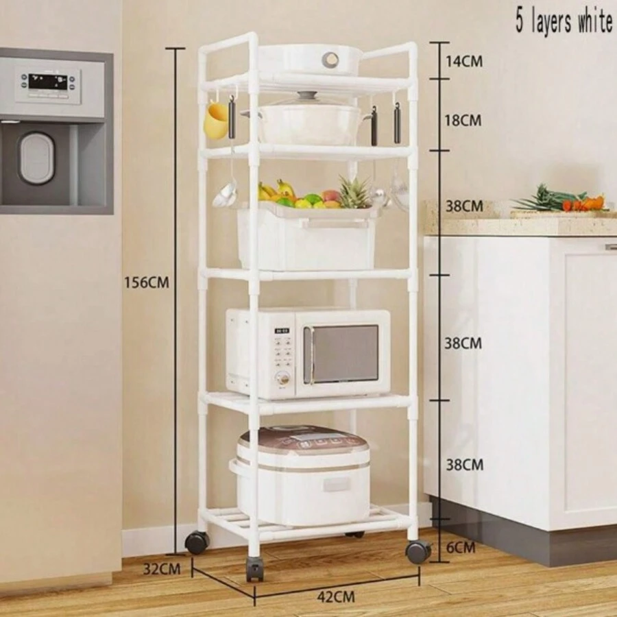 Multipurpose Metal Shelf Mobile Storage Rack Bathroom Kitchen Organizer 5-Tier Multifunctional - 白色 - 查看 1