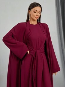 Women Loose Wrap Abaya Kaftan With Tie Waist, Solid Color, Modest Robe Spring Elegant - Burgundy - View 6