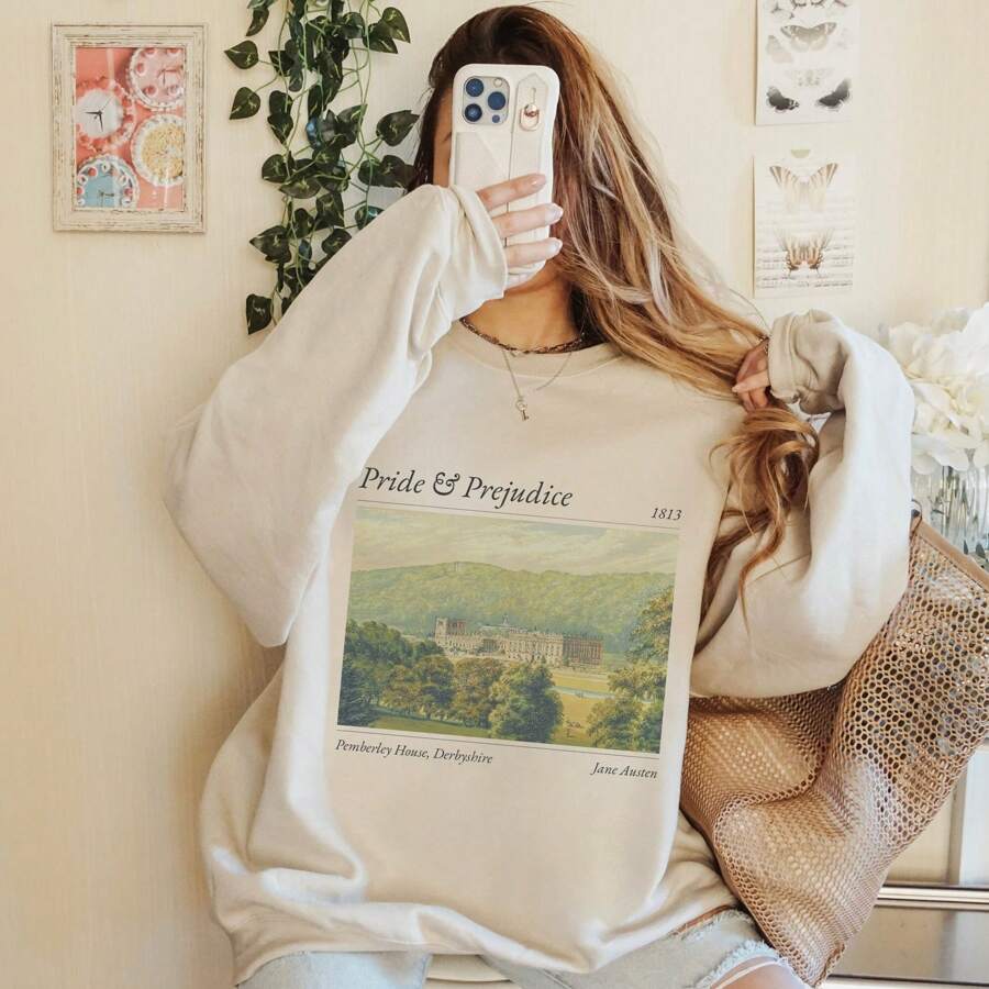 Pride And Prejudice Sweatshirt. Classic Literature Sweater. Most Ardently. Barely Tolerable. Jane Austen. Pemberley House. Book Lover Gift. - Beige - View 1