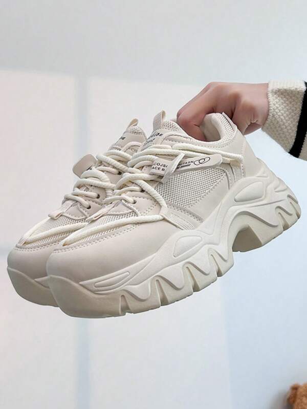 Femmes Baskets mode simples à bout rond bicolore, Décontractées et épaisses, Vintage basse avec semelle épaisse, Chaussures de sport confortables pour l'extérieur
