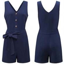 Macacão Solto Feminino Elegante Casual De Uma Peça Sem Mangas Com Bolsos Com Decote Em V E Botão Frontal - Cinza - Visão 6