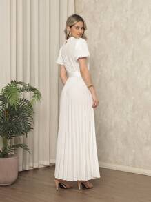 Women's Long Crepe Dress With Puffed Sleeves, Bow Waist And Pleated Skirt - Elegant And Sophisticated - 白色 - 查看 3