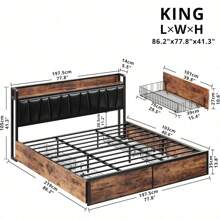 TBFUINPMPSDO King Bed Frame With 4 Storage Drawers, Platform Bed With Charged Headboard, Sturdy And Stable, No Noise, No Box Spring Needed, Easy To Install, Vintage Brown And Gray - Nâu và đen cổ điển - Xem 11