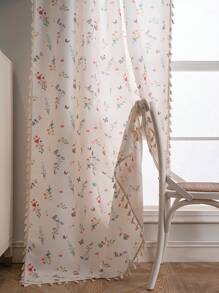 1 Peça Cortina com Borlas Estampada com Florais Miúdos Frescos e Borboletas, Tecido Tecido de Bambu 3D, Serve para Janela Curta de Cozinha, Lavável, Divisor de Ambiente Estilo Fazenda, Adequado para Quarto, Escritório, Sala de Estar, Varanda, Quarto de Crianças, Adequado para Festa, Casamento, Decoração de Festival, Decoração de Primavera