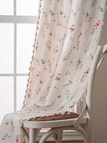 1 Peça Cortina com Borlas Estampada com Florais Miúdos Frescos e Borboletas, Tecido Tecido de Bambu 3D, Serve para Janela Curta de Cozinha, Lavável, Divisor de Ambiente Estilo Fazenda, Adequado para Quarto, Escritório, Sala de Estar, Varanda, Quarto de Crianças, Adequado para Festa, Casamento, Decoração de Festival, Decoração de Primavera