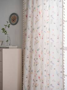 1 Peça Cortina com Borlas Estampada com Florais Miúdos Frescos e Borboletas, Tecido Tecido de Bambu 3D, Serve para Janela Curta de Cozinha, Lavável, Divisor de Ambiente Estilo Fazenda, Adequado para Quarto, Escritório, Sala de Estar, Varanda, Quarto de Crianças, Adequado para Festa, Casamento, Decoração de Festival, Decoração de Primavera