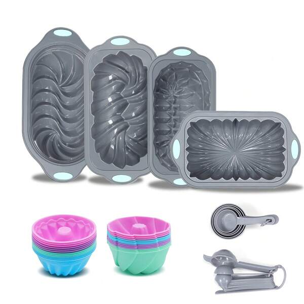 Set di 45 Stampi da Forno in Silicone, 6 Tazze Stampo da Forno in Silicone per Cuocere il Pane, Stampi da Forno, Stampi da Forno Antiaderenti da Cucina, con Set di Misurini e Cucchiai, Grigio