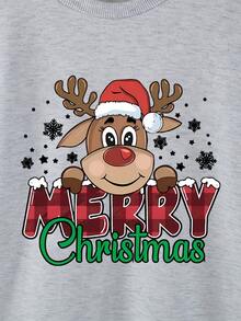 1 件女童休闲“MERRY Christmas”英文字母和驯鹿图案柔软舒适针织长袖运动衫，秋冬 - 灰色 - 查看 4