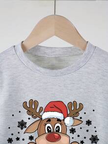1 件女童休闲“MERRY Christmas”英文字母和驯鹿图案柔软舒适针织长袖运动衫，秋冬 - 灰色 - 查看 3
