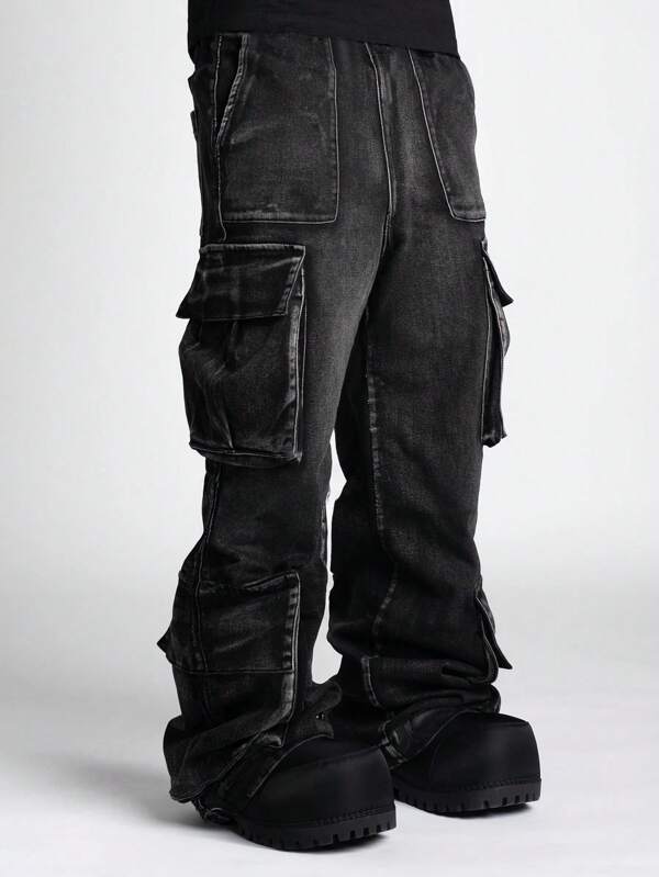1pc Men's Dark Grey Multi-Pocket Detailed Design Jeans