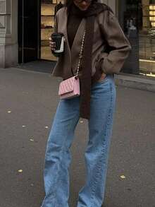 女士时尚休闲 V 领长袖夹克（配腰带）