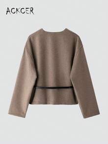 女士时尚休闲 V 领长袖夹克（配腰带）