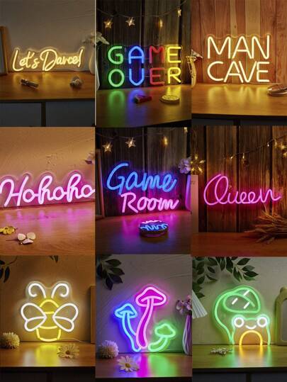 Chi-Buy Cute LED Neon Light Mushroom & Let's Dance & Men's Space & Haha & Game Room & Game Over & Bee And Frog Neon Light Wall Decor Lamps, Letter Night Light, USB Powered, Suitable For Birthday Party, Christmas, Valentine's Day, Wedding Decoration