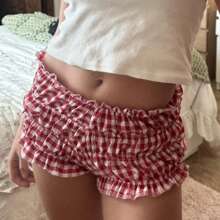 Women Lounge Shorts Plaid Print Low Rise Ruffle Bloomers Sexy Micro Shorts Elastic Waist Pajama Pajamas Shorts Y2k Gingham Boxer Micro Shorts Lounge Sleep Pj Mini Pants - 紅色 - 查看 2