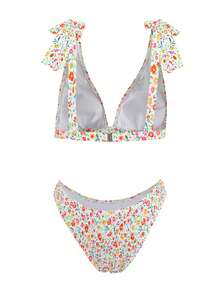 Ditsy Floral Print Fabric Bowknot Swimwear Bikini Set, For Summer Beach Vacation - Multicolor - View 7