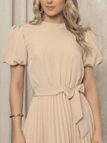 Women's Long Crepe Dress With Puffed Sleeves, Bow Waist And Pleated Skirt - Elegant And Sophisticated - Màu be - Xem 5