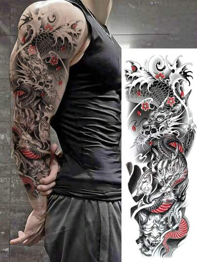 1 张超大全臂尺寸人体艺术临时纹身贴纸，适用于男士，红黑龙般若梅花图案，防水假袖纹身，持续 2-5 天，遮盖疤痕，可用于手臂手腕肩腿腰颈手胸部大腿手指，人体艺术角色扮演派对礼物