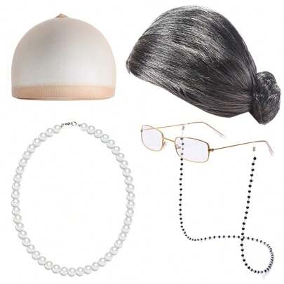 Disfraz de 100 días de escuela, cosplay de anciana con peluca de moño blanco, gafas, gorro de peluca, collar de perlas y accesorios (color, estilo y accesorios aleatorios) / Apto para disfraz de fiesta