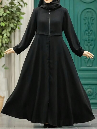Elegante vestaglia da donna con chiusura lampo, 100% poliestere tinta unita, abito lungo adatto per tutte le stagioni, tessuto lavorato, modesto