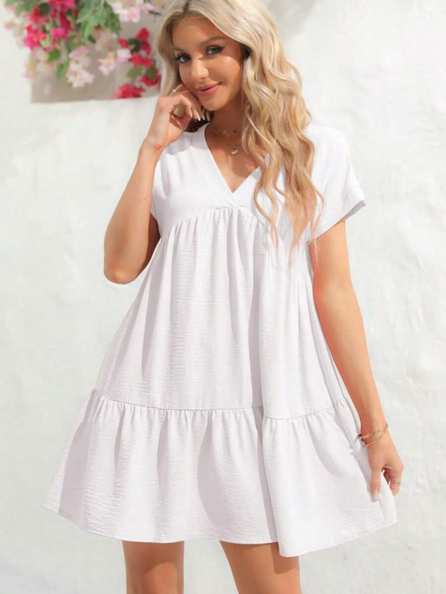 Women V Neck Flowy Babydoll Dresses 2024 Summer Short Sleeve Swing Shift Loose Casual Summer Mini Tunic Dress - 白色 - 查看 1