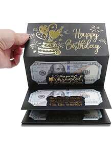 1 pieza Sobre de dinero para regalos de cumpleaños, sobre sorpresa de efectivo para hombres y mujeres, tarjeta de regalo de cumpleaños para hombres y mujeres, soporte de dinero negro y dorado - Multicolor - Ver 3