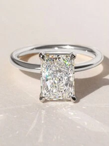 ESBERRY 1pc Elegant 925 Sterling Silver 4-Prong Unique Design Diamond Ring, Solitaire Engagement Ring, Women's Jewelry Gift, Engagement Gift, Party Gift - Silver - View 6