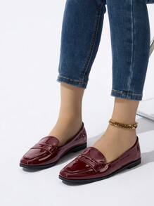 女士平底方头乐福鞋，休闲轻便一脚蹬平底鞋 - 酒紅色 - 查看 2