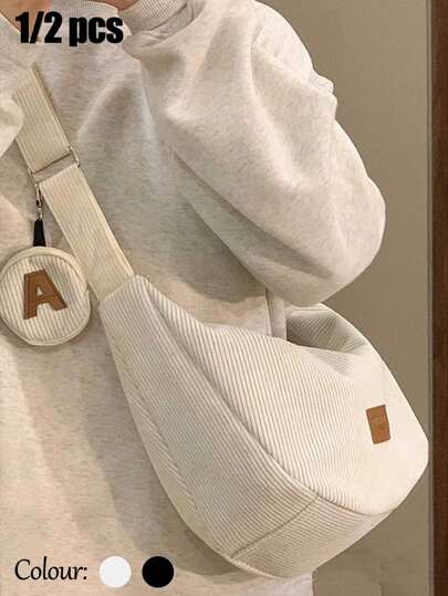 学院风女士灯芯绒斜挎包 - 休闲运动饺子斜挎包，配有可调节肩带，新款秋冬学生灯芯绒包，通勤饺子包休闲百搭斜挎包，轻便，拉链开合，涤纶衬里，纯色，边缘漆面细节 - 适合时尚女性 - 适合日常使用、旅行、购物 - 送给少女和年轻女性的完美礼物