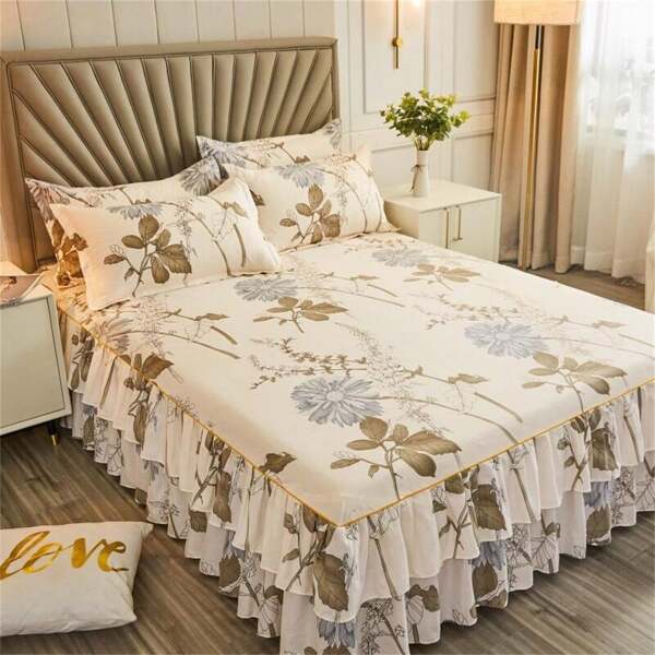 3-teiliges Betttuchset (1 Bettrock + 2 Kissenbezüge, ohne Kissenkern), bedruckter Bettrock rutschfestes Bettwäscheset, geeignet für Schlafzimmer und Gästezimmer