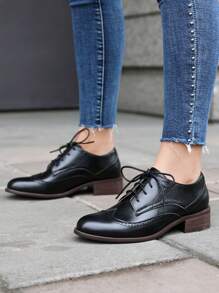 Women's Pointed Toe Lace-Up Brogue Pumps Fashion Mixed Colors Patchwork Block Chunky Heel British Style Flat Oxford Shoes - màu đen - Xem 1