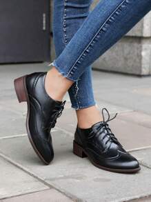 Women's Pointed Toe Lace-Up Brogue Pumps Fashion Mixed Colors Patchwork Block Chunky Heel British Style Flat Oxford Shoes - màu đen - Xem 2
