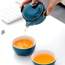 Travel Tea Set With Portable Bag, Kung Fu Handmade Ceramic Teapot Set, All-In-One Teapot, 1 Pot 2 Cups, Suitable For Travel, Office And Home - Green - View 4