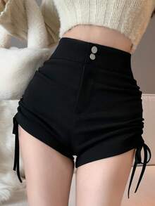 Solid Drawstring Side Shorts