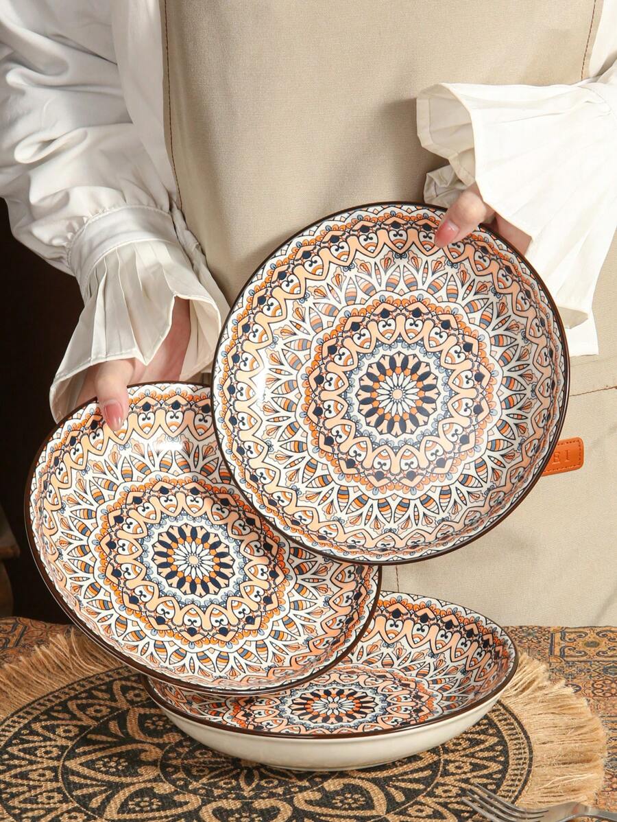 1 chiếc đĩa gốm sứ sơn trang nhã, họa tiết hoa, một chiếc/bộ 4 chiếc/bộ 4 chiếc hỗn hợp, thích hợp cho đĩa ăn tối tại nhà/nhà hàng, đĩa đựng trái cây, đồ dùng nhà bếp - Nhiều màu - Xem 1