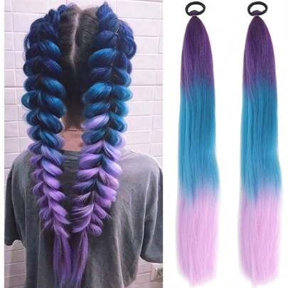 Rabo de cavalo reto sintético com elástico para cabelo, tranças coloridas, extensões de cabelo, acessórios para mulheres, festa de ano novo, extensões de rabo de cavalo trançadas azuis e rosa, festival rave, extensões de cabelo coloridas para tranças