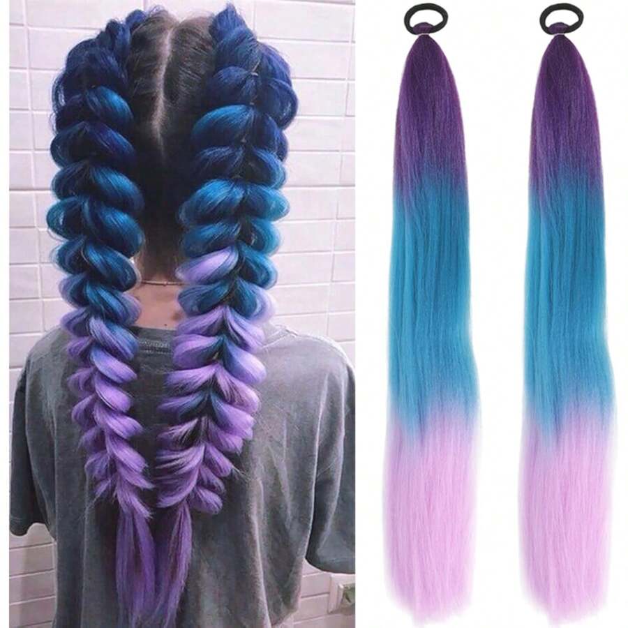 Rabo de cavalo reto sintético com elástico para cabelo, tranças coloridas, extensões de cabelo, acessórios para mulheres, festa de ano novo, extensões de rabo de cavalo trançadas azuis e rosa, festival rave, extensões de cabelo coloridas para tranças