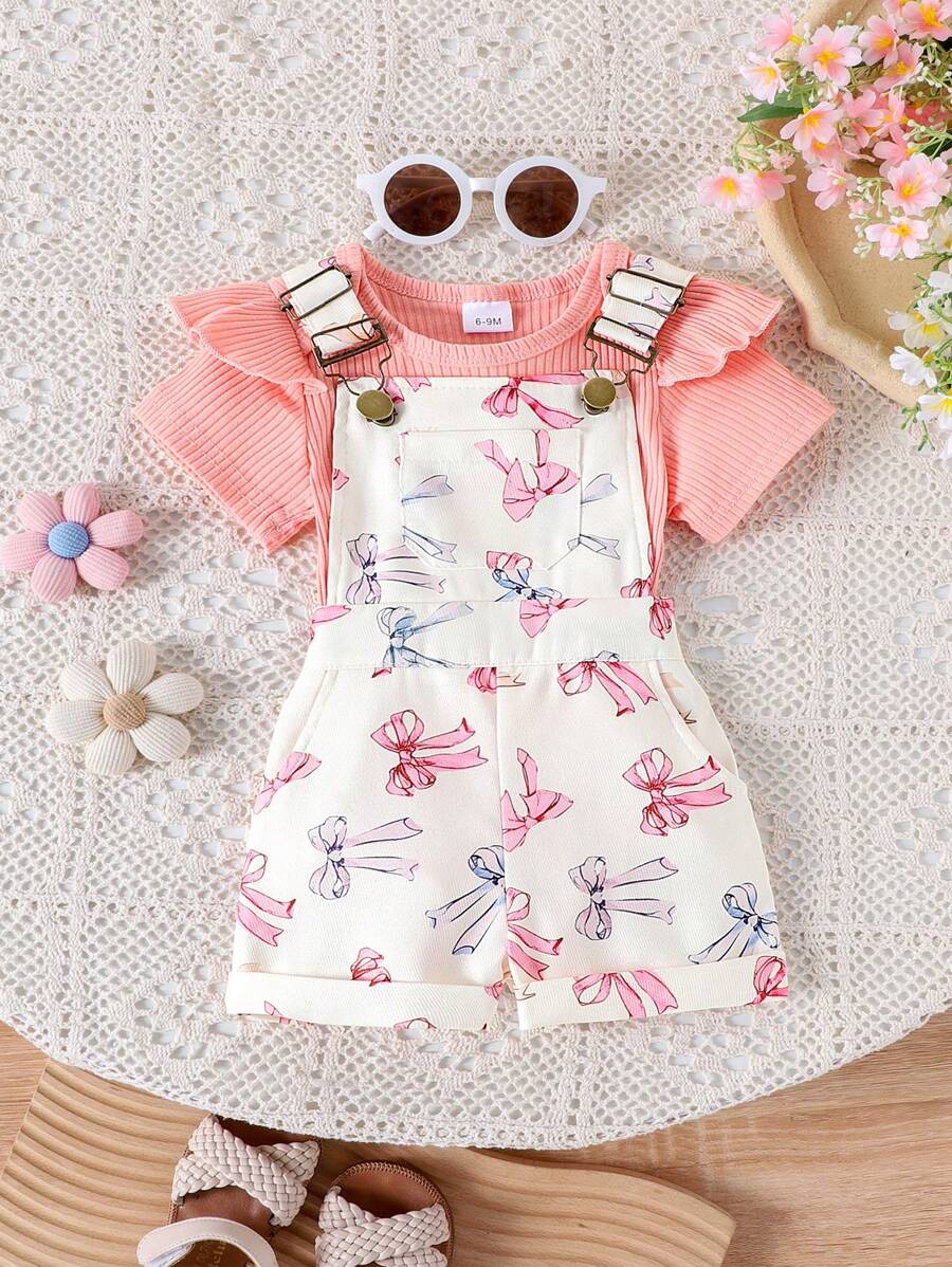 2 件装女婴可爱短袖连体衣 + 围兜裤套装，轻便夏季 - 淺粉色 - 查看 1